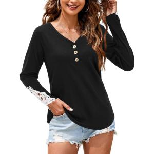 imageArachampampCloz Womens Long Sleeve Lace Fall Tops Solid V Neck Button Henley Shirt Casual Tunic BlouseBlack