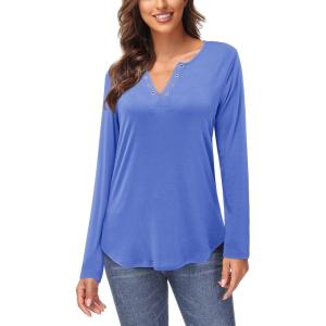 imageArachampampCloz Womens Long Sleeve Lace Fall Tops Solid V Neck Button Henley Shirt Casual Tunic BlousePurple Blue02
