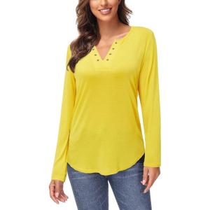 imageArachampampCloz Womens Long Sleeve Lace Fall Tops Solid V Neck Button Henley Shirt Casual Tunic BlouseYellow01