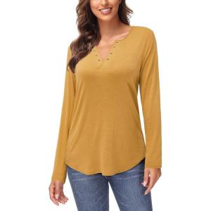 imageArachampampCloz Womens Long Sleeve Lace Fall Tops Solid V Neck Button Henley Shirt Casual Tunic BlouseYellow02