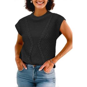 imageArachampampCloz Womens Spring Sweater Vest 2025 Cap Sleeve Crew Neck Casual Tops Cable Knit Crochet Loose Fit Summer OutfitsBlack