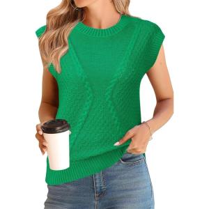 imageArachampampCloz Womens Spring Sweater Vest 2025 Cap Sleeve Crew Neck Casual Tops Cable Knit Crochet Loose Fit Summer OutfitsGrass Green