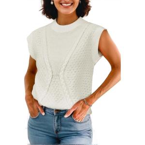 imageArachampampCloz Womens Spring Sweater Vest 2025 Cap Sleeve Crew Neck Casual Tops Cable Knit Crochet Loose Fit Summer OutfitsOffwhite