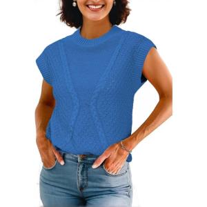 imageArachampampCloz Womens Spring Sweater Vest 2025 Cap Sleeve Crew Neck Casual Tops Cable Knit Crochet Loose Fit Summer OutfitsRoyal Blue