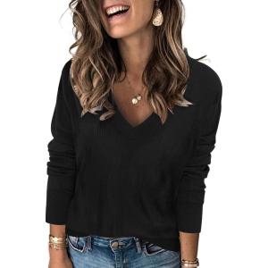 imageArachampCloz Womens Soft V Neck Long Sleeve Fall Casual Regular Fit Sweater TopsBlack