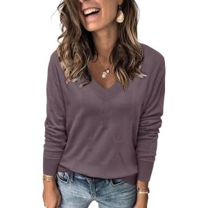 imageArachampCloz Womens Soft V Neck Long Sleeve Fall Casual Regular Fit Sweater TopsGrey Purple
