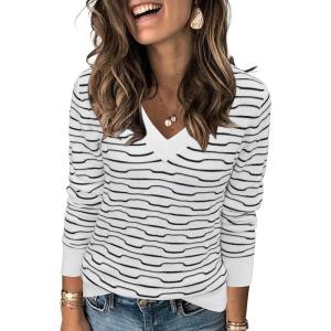 imageArachampCloz Womens Soft V Neck Long Sleeve Fall Casual Regular Fit Sweater TopsStriped White Black