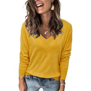 imageArachampCloz Womens Soft V Neck Long Sleeve Fall Casual Regular Fit Sweater TopsYellow