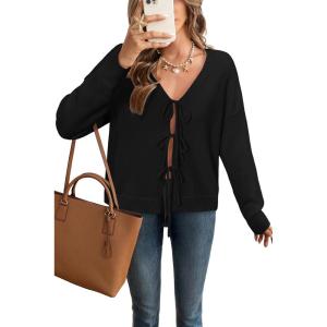 imageArachampCloz Womens Cozy Cotton Tie Front Fall Trendy Bow Cardigan Sweaters 2025Black