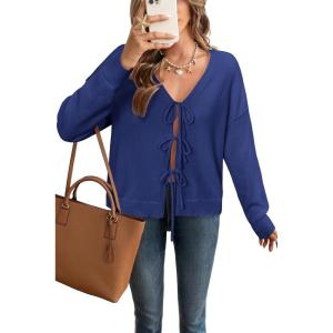 imageArachampCloz Womens Cozy Cotton Tie Front Fall Trendy Bow Cardigan Sweaters 2025Dark Blue