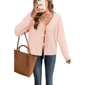 imageArachampCloz Womens Cozy Cotton Tie Front Fall Trendy Bow Cardigan Sweaters 2025Light Pink