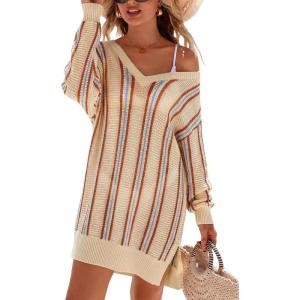 imageArachampCloz Womens Linen Blend Summer Swim Suit Cover Up V Neck Crochet Dress Striped Beach Vacation Outfits 2026Apricot Stripe