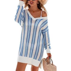 imageArachampCloz Womens Linen Blend Summer Swim Suit Cover Up V Neck Crochet Dress Striped Beach Vacation Outfits 2026Blue Stripe