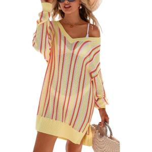 imageArachampCloz Womens Linen Blend Summer Swim Suit Cover Up V Neck Crochet Dress Striped Beach Vacation Outfits 2026Brick Stripe