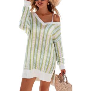 imageArachampCloz Womens Linen Blend Summer Swim Suit Cover Up V Neck Crochet Dress Striped Beach Vacation Outfits 2026Green Stripe