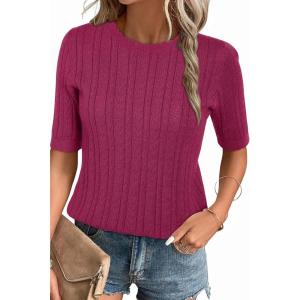 imageArachampCloz Womens Spring Summer Scalloped Short Sleeve Tops Textured ShirtsHot Pink