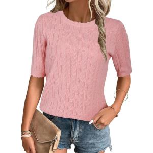 imageArachampCloz Womens Spring Summer Scalloped Short Sleeve Tops Textured ShirtsPink