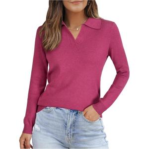 imageArachampCloz Womens Wool Blend Collared Polo Pullover Spring Sweaters Business Casual Outfits 2026Rose Red