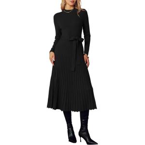 imageArachampCloz Womens Wool Blend Mock Neck Tie Waist Fall Winter Pleated Sweater Dress 2026Black