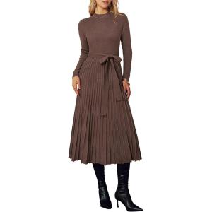 imageArachampCloz Womens Wool Blend Mock Neck Tie Waist Fall Winter Pleated Sweater Dress 2026Coffee