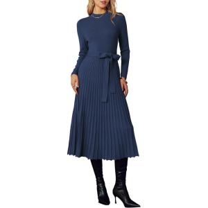 imageArachampCloz Womens Wool Blend Mock Neck Tie Waist Fall Winter Pleated Sweater Dress 2026Navy