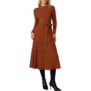 imageArachampCloz Womens Wool Blend Mock Neck Tie Waist Fall Winter Pleated Sweater Dress 2026Rust