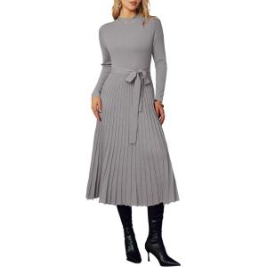 imageArachampCloz Womens Wool Blend Mock Neck Tie Waist Fall Winter Pleated Sweater Dress 2026Taupe
