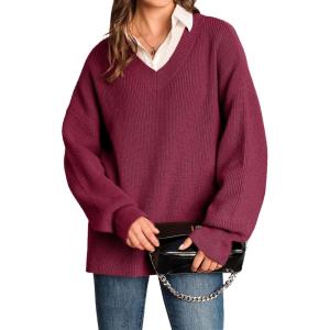 imageArachampCloz Womens Wool Blend Oversized V Neck Casual Sweaters 2025Dark Red