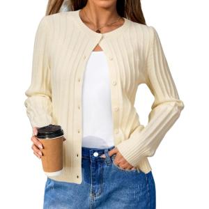 imageArachampCloz Womens Wool Blend Puff Sleeve Fall Cable Knit Cardigan Sweaters 2025Beige