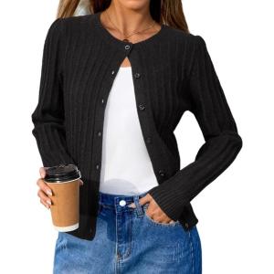 imageArachampCloz Womens Wool Blend Puff Sleeve Fall Cable Knit Cardigan Sweaters 2025Black