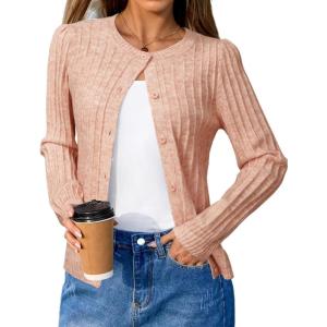 imageArachampCloz Womens Wool Blend Puff Sleeve Fall Cable Knit Cardigan Sweaters 2025Pink
