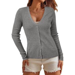 imageArachampCloz Womens Wool Blended Ribbed Cardigan Lightweight Long Sleeve Sweater 2025 Spring Fashion Button Down Knit TopGray