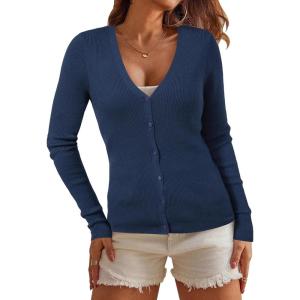 imageArachampCloz Womens Wool Blended Ribbed Cardigan Lightweight Long Sleeve Sweater 2025 Spring Fashion Button Down Knit TopNavy Blue