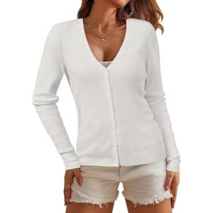 imageArachampCloz Womens Wool Blended Ribbed Cardigan Lightweight Long Sleeve Sweater 2025 Spring Fashion Button Down Knit TopWhite