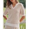 imageArachampCloz Womens 100 Cotton Polo V Neck Striped Short Sleeve Spring Casual Pullover Sweaters 2026Khaki