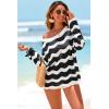 imageArachampCloz Womens Linen Blend Crochet Bell Sleeve Beach Vacation Striped Tops 2026Black Stripe