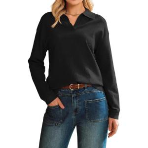 imageArachampCloz Womens 100 Cotton Collared V Neck Eyelet Knit Spring Cotton Polo Shirts 2026Black