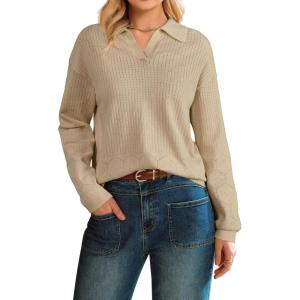 imageArachampCloz Womens 100 Cotton Collared V Neck Eyelet Knit Spring Cotton Polo Shirts 2026Light Khaki