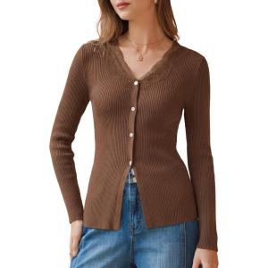 imageArachampCloz Womens 100 Cotton Lace Button Going Out Slim Fitted Cardigan Sweater 2026Brown
