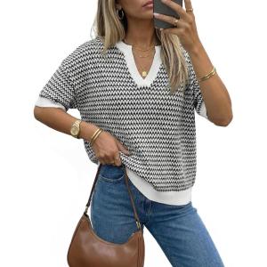 imageArachampCloz Womens 100 Cotton Polo V Neck Striped Short Sleeve Spring Casual Pullover Sweaters 2026Black
