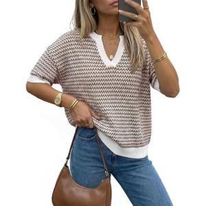 imageArachampCloz Womens 100 Cotton Polo V Neck Striped Short Sleeve Spring Casual Pullover Sweaters 2026Brown