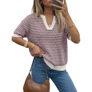 imageArachampCloz Womens 100 Cotton Polo V Neck Striped Short Sleeve Spring Casual Pullover Sweaters 2026Dark Red
