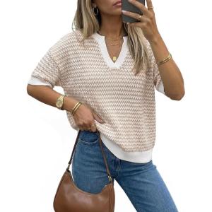 imageArachampCloz Womens 100 Cotton Polo V Neck Striped Short Sleeve Spring Casual Pullover Sweaters 2026Khaki