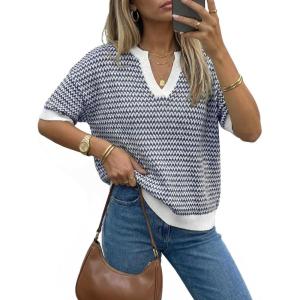 imageArachampCloz Womens 100 Cotton Polo V Neck Striped Short Sleeve Spring Casual Pullover Sweaters 2026Navy
