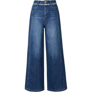 imageArachampCloz Womens Cotton Contrast Waistband Wide Leg Stretchy Denim Jeans 2026Dark Blue