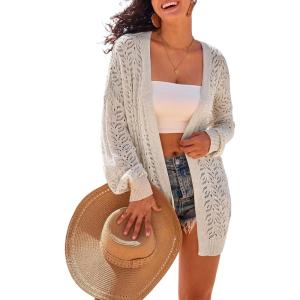 imageArachampCloz Womens Crochet Cover Up Linen Blend Open Front Beach Oversized Kimonos 2026Beige