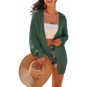 imageArachampCloz Womens Crochet Cover Up Linen Blend Open Front Beach Oversized Kimonos 2026Dark Green