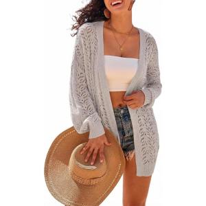 imageArachampCloz Womens Crochet Cover Up Linen Blend Open Front Beach Oversized Kimonos 2026Grey