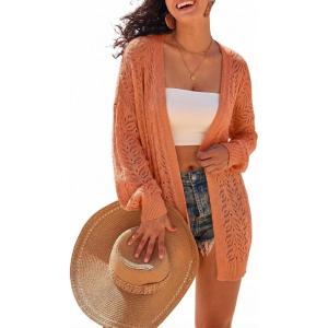 imageArachampCloz Womens Crochet Cover Up Linen Blend Open Front Beach Oversized Kimonos 2026Orange