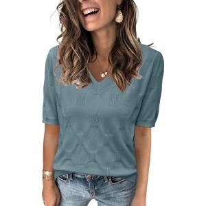 imageArachampCloz Womens Lightweight Fall Sweater Tops Casual Short Sleeve Blouses ShirtsBgrey Blue